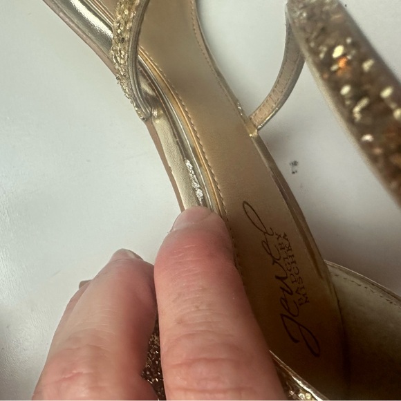 Jewel Badgley Mischka Gold Glittery Faux Jeweled Claudia Block Heeled Sandal 10 - Picture 16 of 16